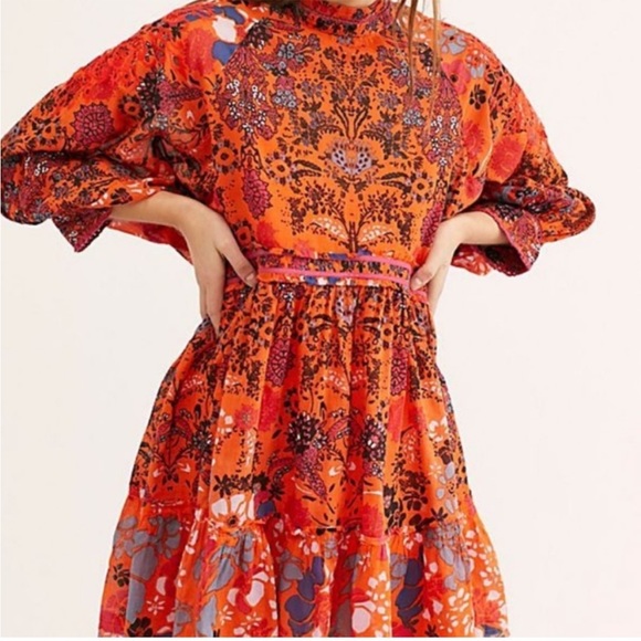 Free People Nouveau Floral Print High Neck Mini Dress Orange Red XS (No Slip) - Picture 3 of 13